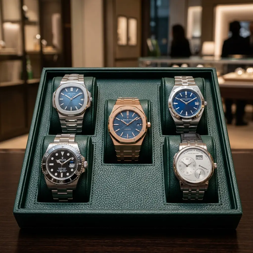 Plusieurs montres mécaniques alignées sur un présentoir en cuir.