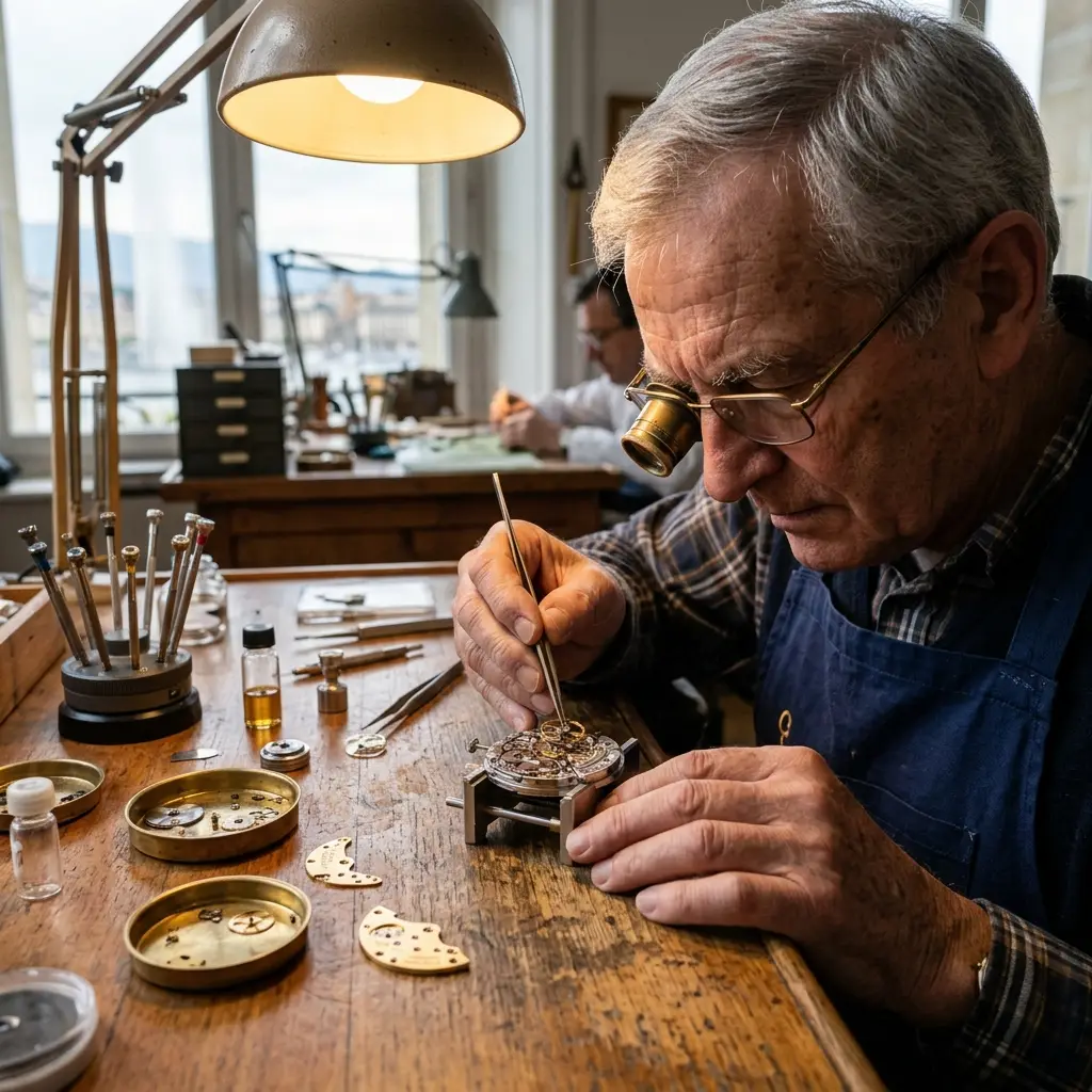 Horloger à l’établi, loupe à l’œil.