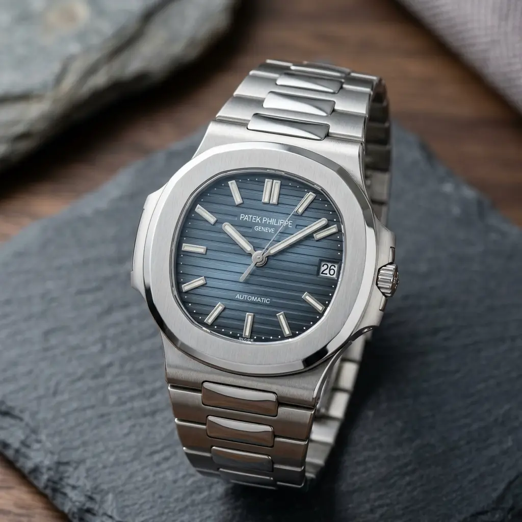 Montre de luxe au cadran bleu, bracelet acier intégré.