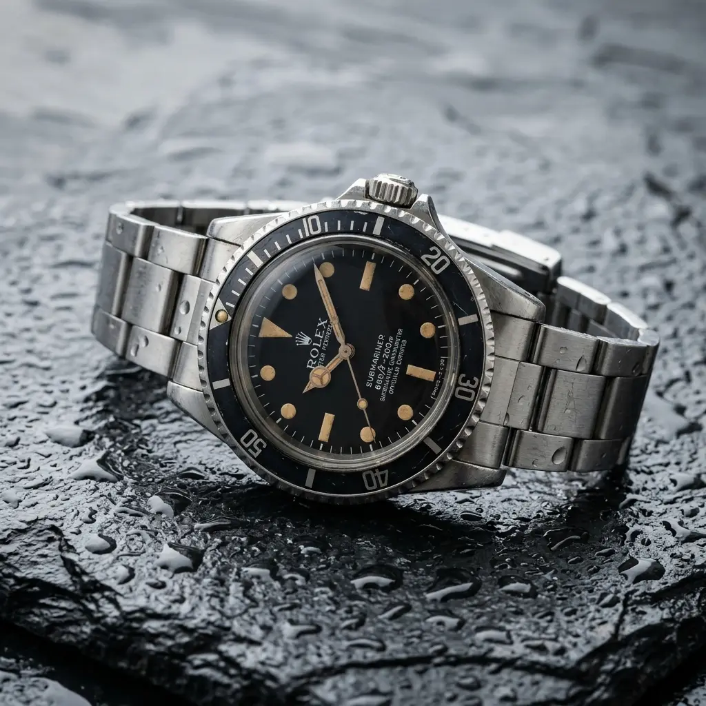 Cadran d’une montre de plongée vintage, lunette graduée.