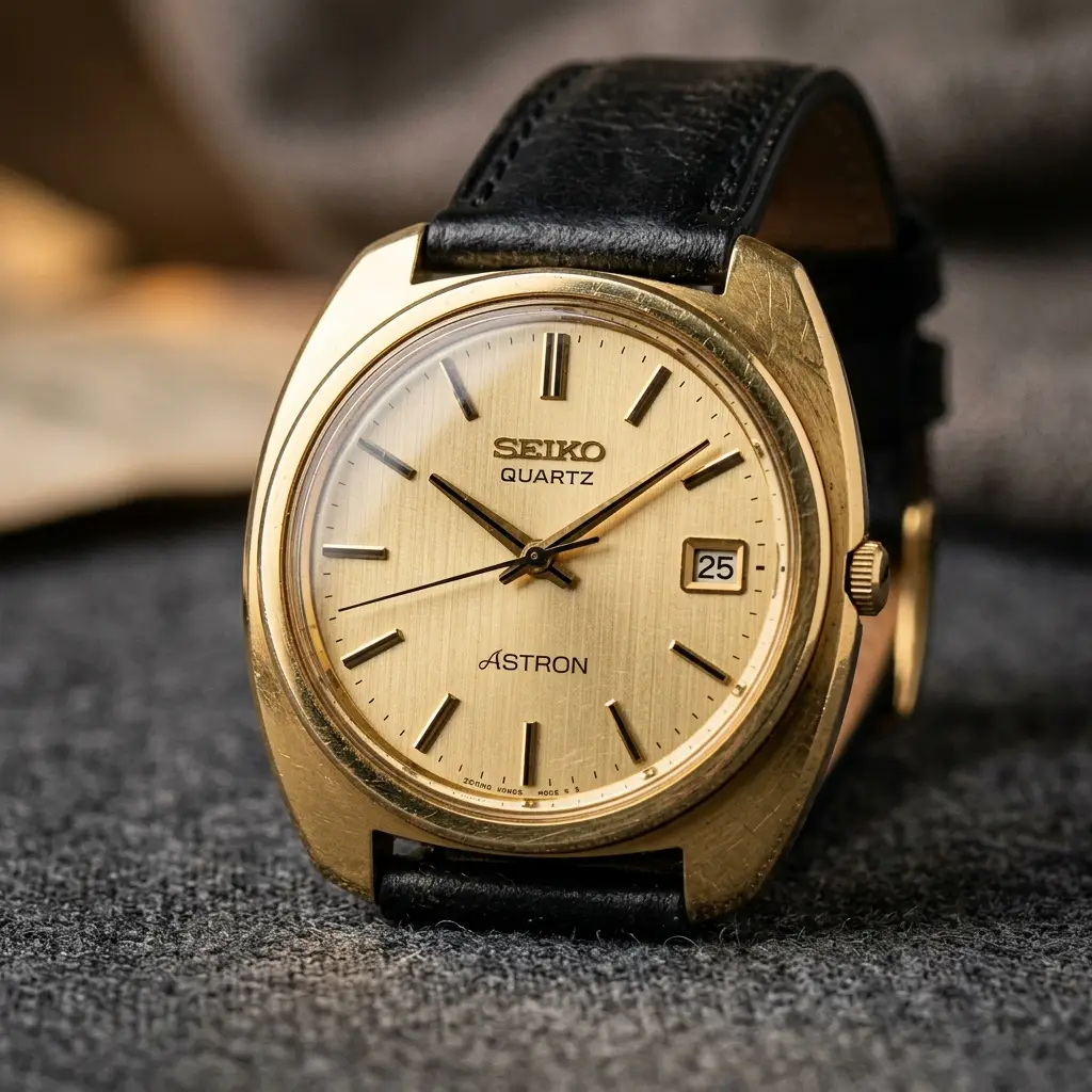 Montre vintage japonaise au cadran doré.