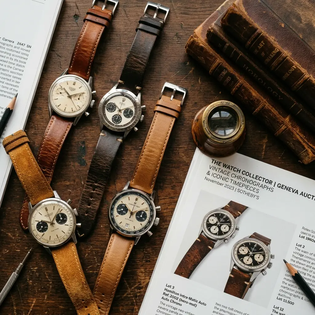 Montre chronographe vintage avec cadran patiné.